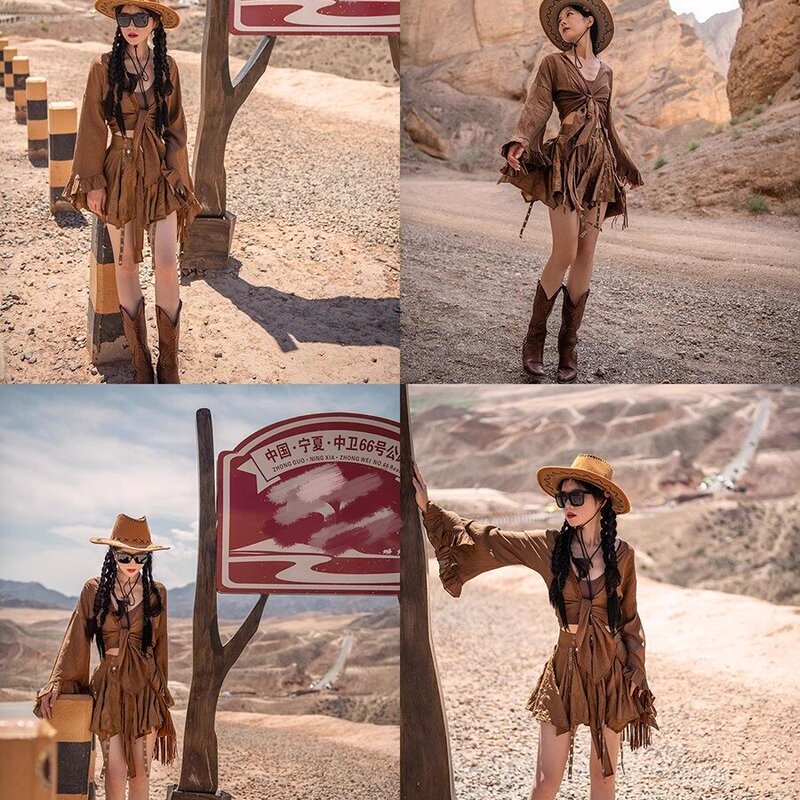Ideal Travel Outfit for Women in Their Thirties: Western Cowboy Style Outfit, Travel Wasteland Style, Heavy-Duty Brown Short Skirt