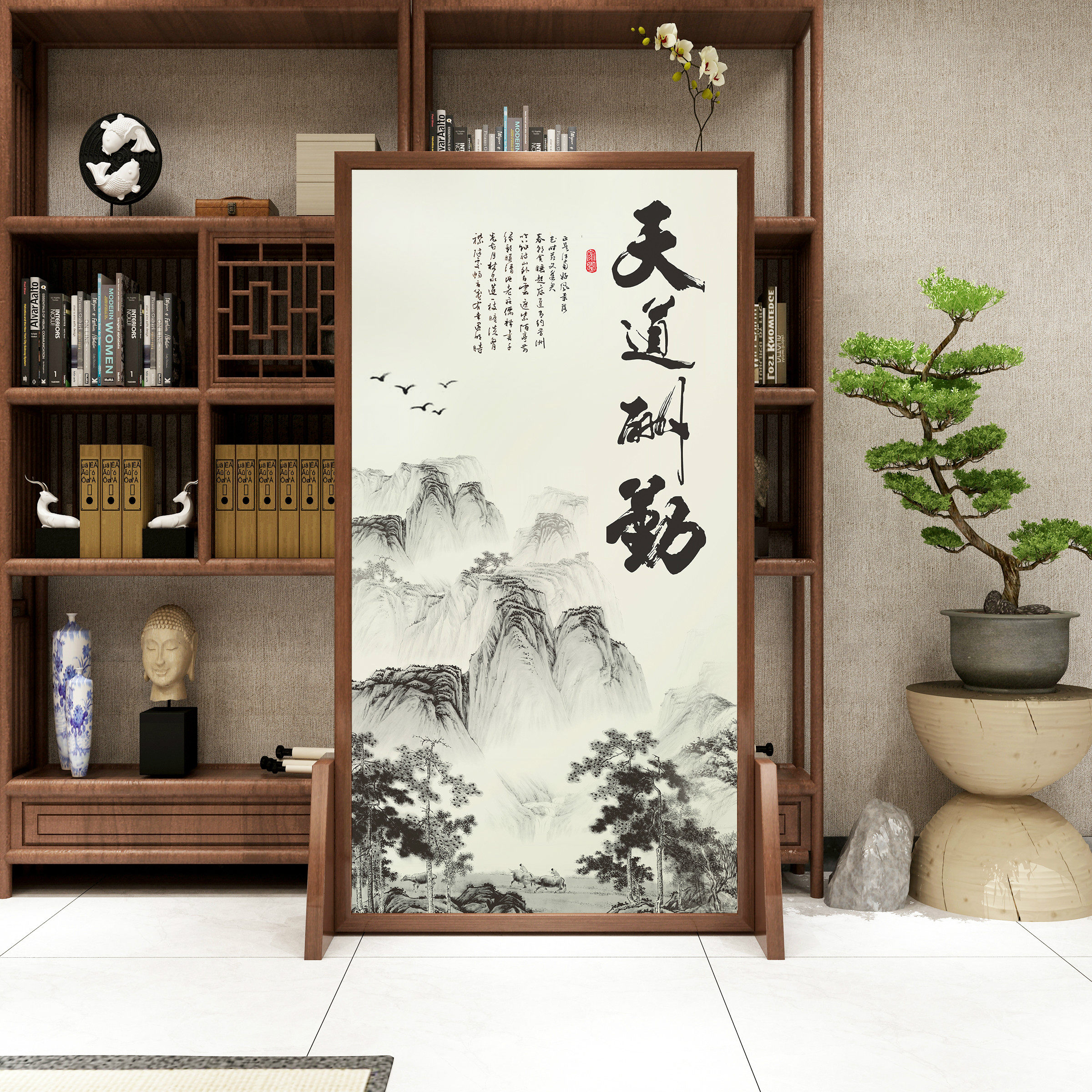 Chinese-style screen partition living room bedroom to block household landscape lotus solid wood household entrance seat screen