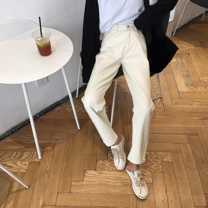 Quần jeans ống suông nữ mùa xuân và thu đông 2018 mới của sinh viên Hàn Quốc eo cao là quần ống rộng ống rộng quần jean nữ ngắn