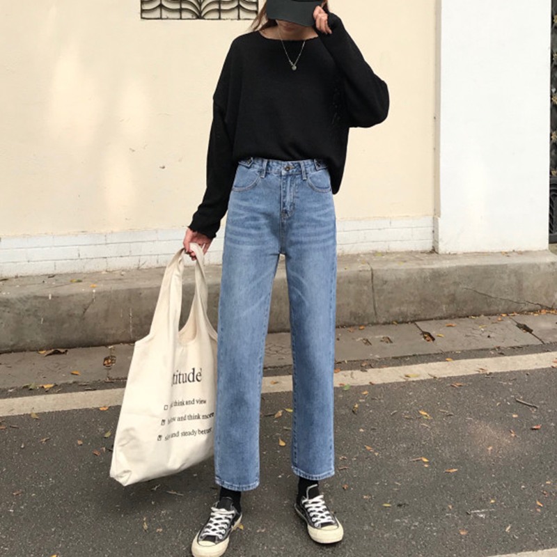 Mùa thu mới sang trọng phiên bản Hàn Quốc của quần jeans rách eo cao retro nữ đã mỏng hoang dã chín điểm quần thẳng học sinh quần jean ống đứng nữ đẹp