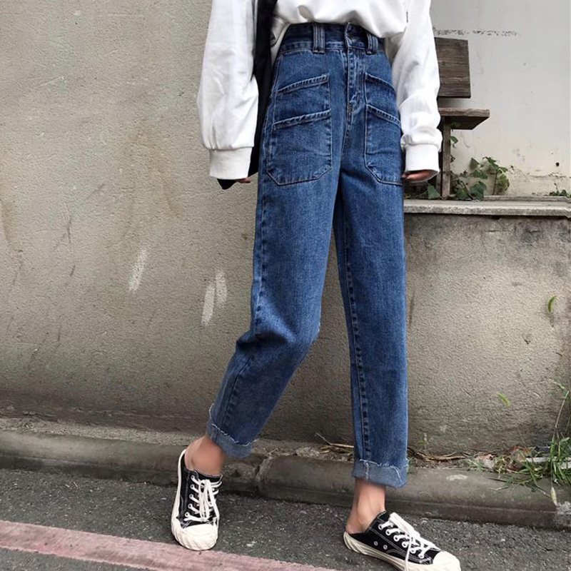 Quần jeans cạp cao nữ mùa thu 2018 phiên bản mới của Hàn Quốc sang trọng, quần ống suông thẳng retro học sinh quần dài hoang dã quần jean dài