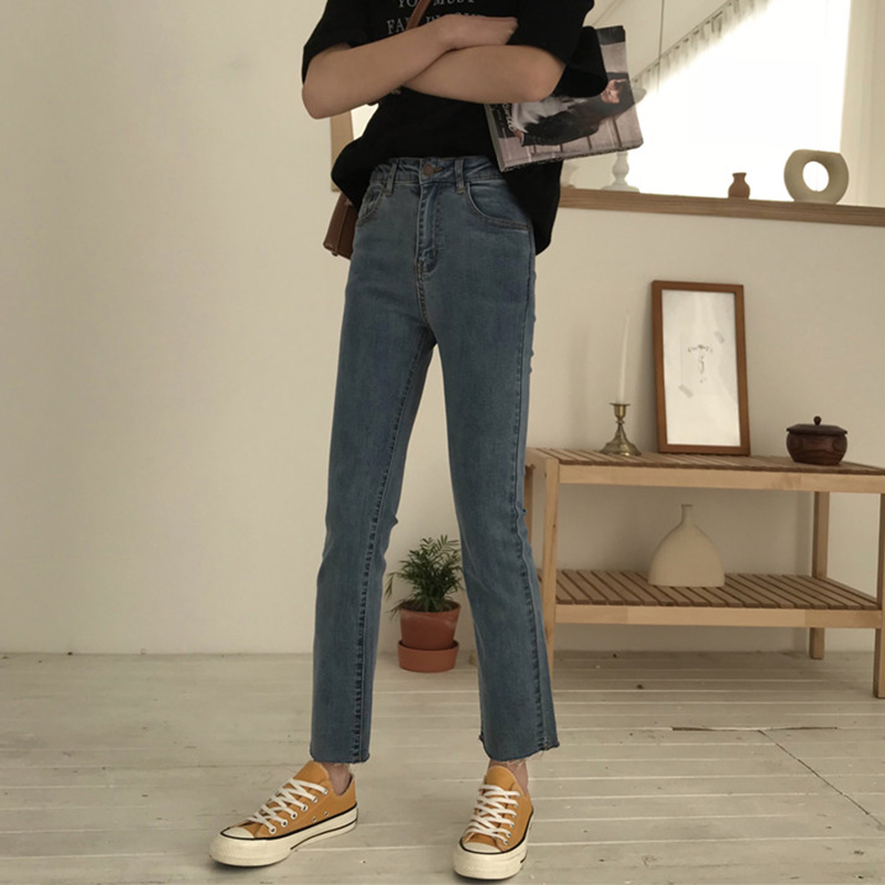 Quần jean nữ xuân hè 2018 mới retro slim slim hoang dã quần chín cạp cao micro chuông quần sinh viên thủy triều quần bò rách nữ