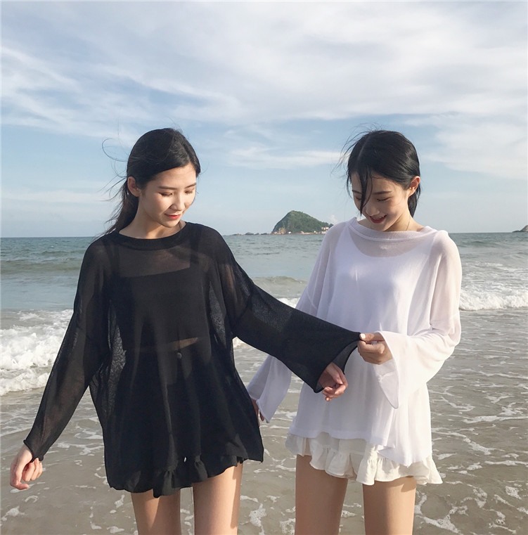 Mùa hè 2018 phiên bản Hàn Quốc mới của phần đơn giản, áo len mỏng màu trắng dệt kim chống nắng áo len kiểu hàn quốc cực đẹp