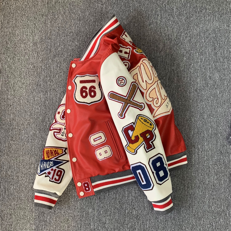 Genuine Leather Jackets for Young Men and Women, Baseball Jackets, Soft First-Layer Calfskin, Multi-Label Embroidery, Motorcycle Jackets