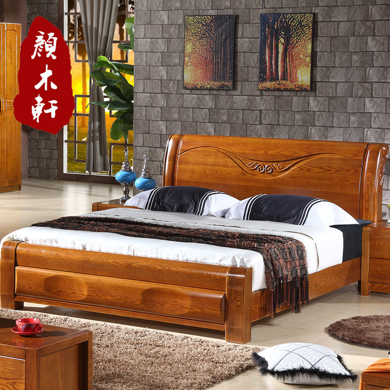 Yan mu xuan Chinese wood bed 1 8 1 5 meters double Fraxinus mandshurica vintage pressure high box master bedroom furniture