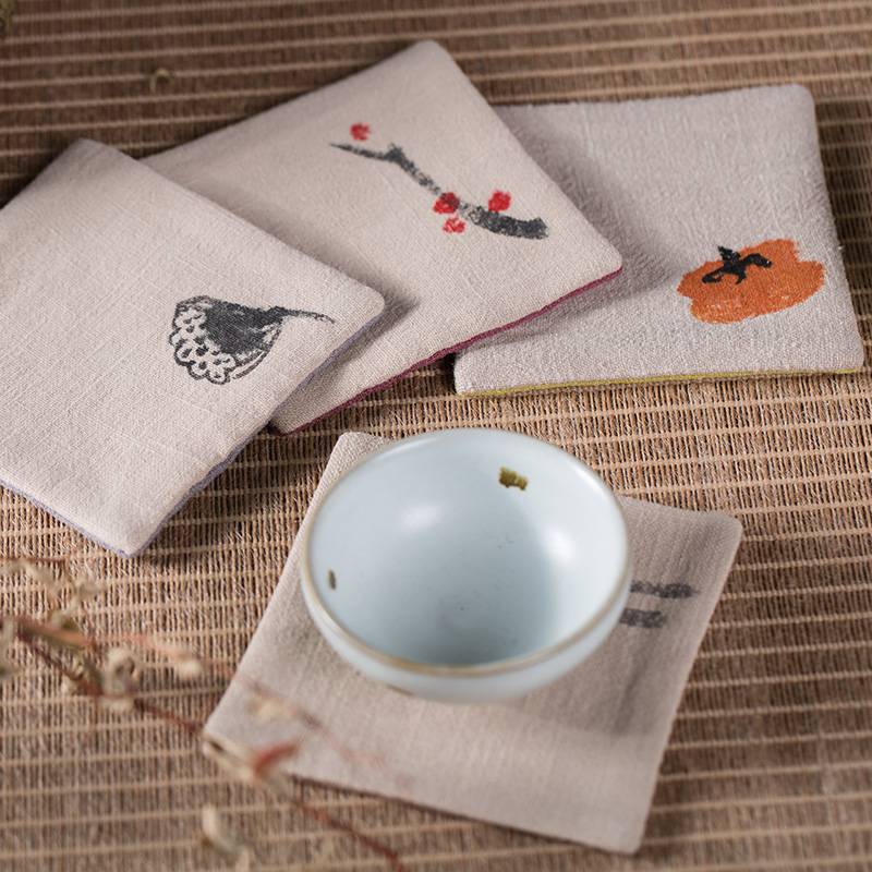 Hand drawing Gongfu Tea Cup Mat Cloth Tea Daub cotton linen Absorbent Thermal Insulation Mat Zen Chinese tea mat Creative Home Small