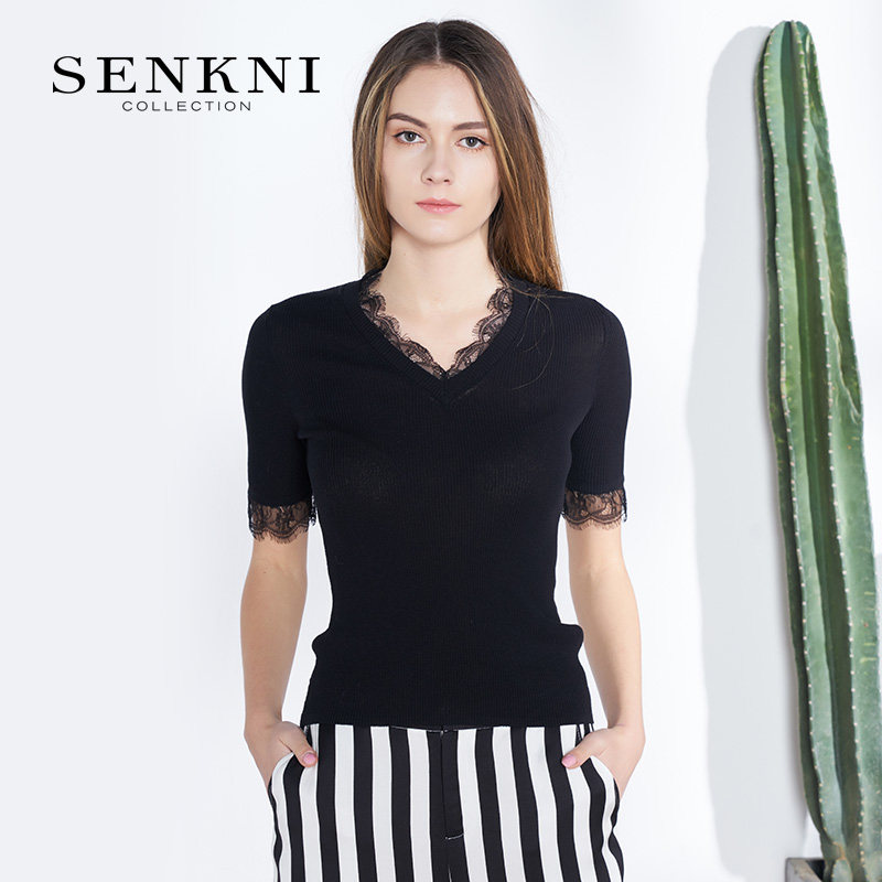 Santa Cani Mall with the same section New tasters Splicing Undershirt 100 Hitch Short Sleeve V Collar Knit Cardiovert Women Base