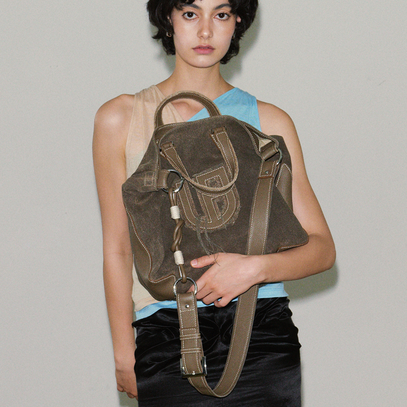 Unifinger Nautical Series/Handmade Raw Edge Tote Large Size Double-Sided Wet Wax Canvas Spliced with Cowhide Leather