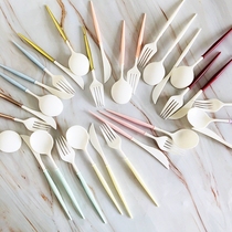New plastic fork spoon disposable tableware childrens birthday party decoration scene layout with cake fork spoon