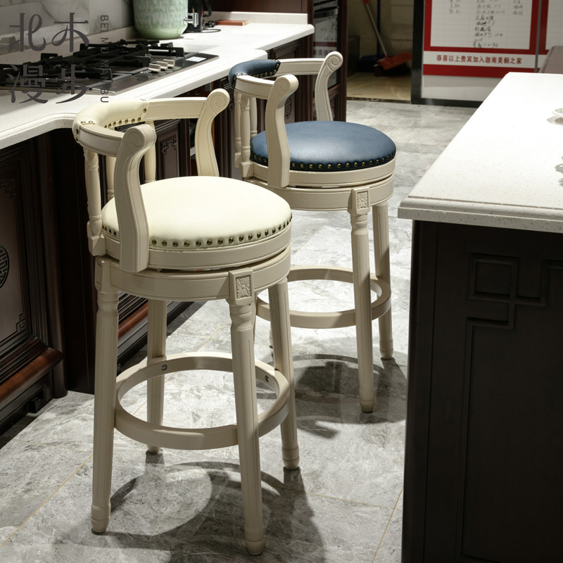 Northwood solid wood bar chair retro leather rivet rotating bar chair home American backrest bar stool