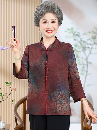 Autumn Clothing for the Elderly, Xiangyun Silk Tops, New Chinese Style Grandma Clothes, Plus Size Women's Clothing, Silk Shirts for 60-Year-Old Mothers