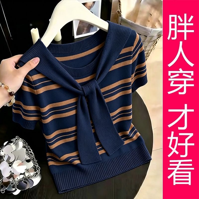 【Plus Size】Striped Navy Style Knitted T-Shirt for Women, New Summer Loose Fit, Age-Reducing, Versatile Base Shirt 【Plus Size】Striped Navy Style Knitted T-Shirt for Women, New Summer Loose Fit, Age-Reducing, Versatile Base Shirt
