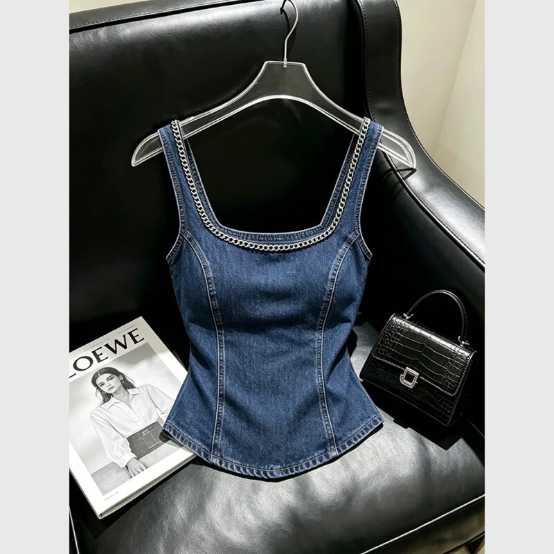 2026 New Summer Style, Extremely Beautiful, Unique and Elegant Ladylike Camisole Top, Blue Denim Chain Vest for Women 2026 New Summer Style, Extremely Beautiful, Unique and Elegant Ladylike Camisole Top, Blue Denim Chain Vest for Women