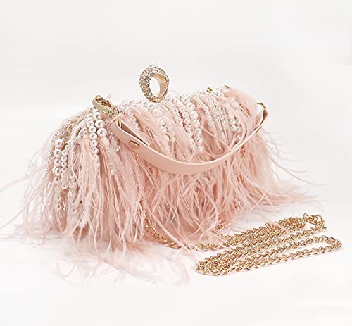 New autumn/winter pearl ostrich feather fluffy handbag, stylish women's tassel crossbody bag, versatile evening clutch, wedding bag.