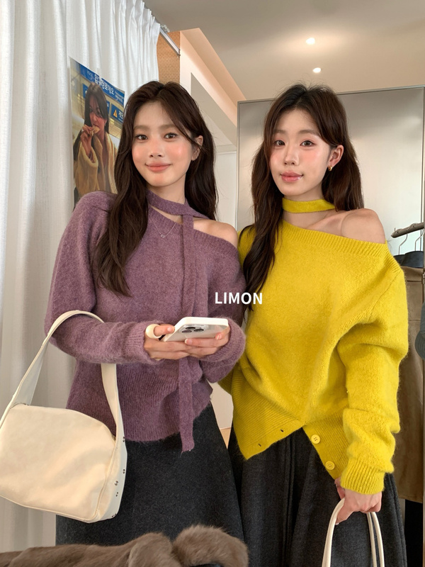 Lemon Green Tea 8250 Fashionable Design Off-Shoulder Long-Sleeved Knitwear for Women in Autumn and Winter Loose and Lazy Style Top