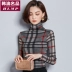 Áo thun lưới sáng màu kẻ sọc nữ dài tay áo thun mùa thu cao cổ áo rộng size áo thun mỏng bên ngoài mặc quần áo mùa thu áo phông rộng Áo phông