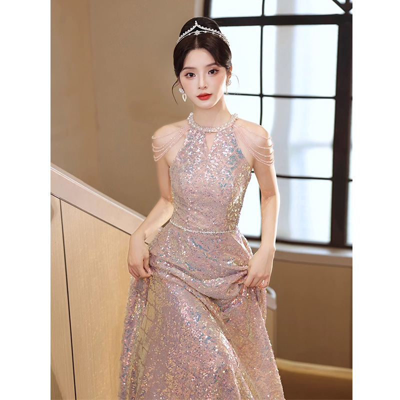Annual Meeting Evening Dress for Women, Light Luxury, High-End, Host, Student, Coming-Of-Age Ceremony, Pink Sequin, French Style, Stunning Engagement Dress Annual Meeting Evening Dress for Women, Light Luxury, High-End, Host, Student, Coming-Of-Age Ceremony, Pink Sequin, French Style, Stunning Engagement Dress