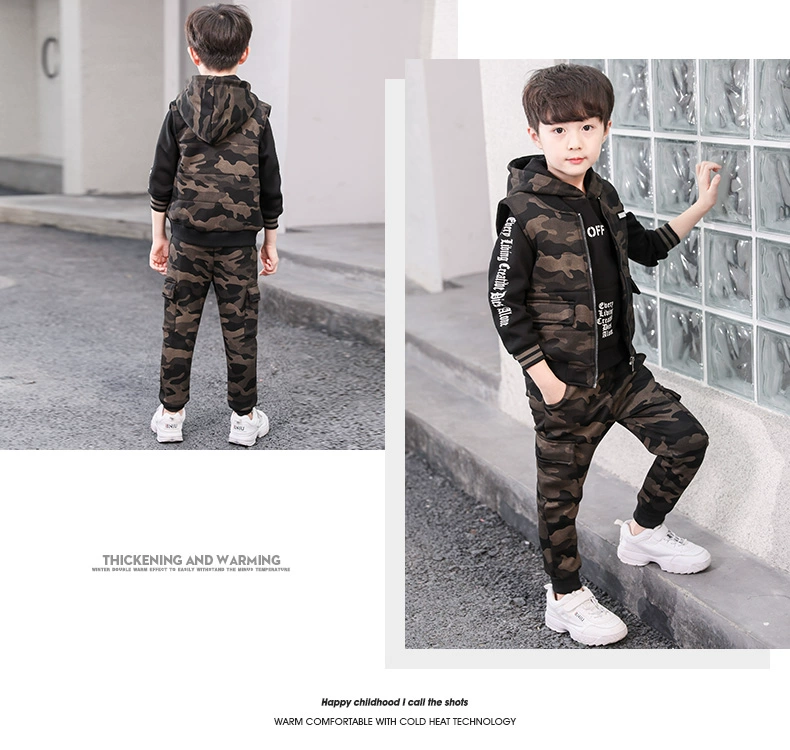 Bộ đồ bé trai mùa thu 2018 quần áo trẻ em mới trong bộ quần áo bé trai ngụy trang mùa đông cộng với áo nhung dày của Hàn Quốc phiên bản Hàn - Phù hợp với trẻ em