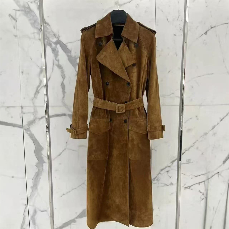 Overseas Discount Store 2026 Autumn and Winter New Style Double-Breasted Belted Waist-Cinching Long Suede Brown Trench Coat