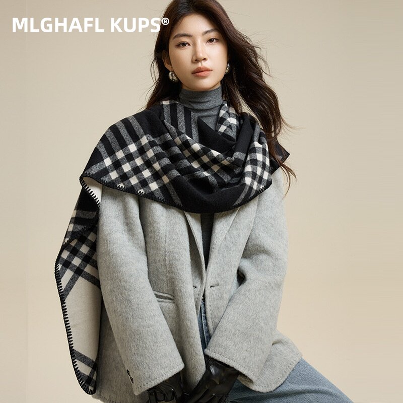 Кашемировый шарф MLGHAFL KUPS, женский осенне-зимний классический британский двусторонний универсальный шарф, высококачественная шерстяная шаль