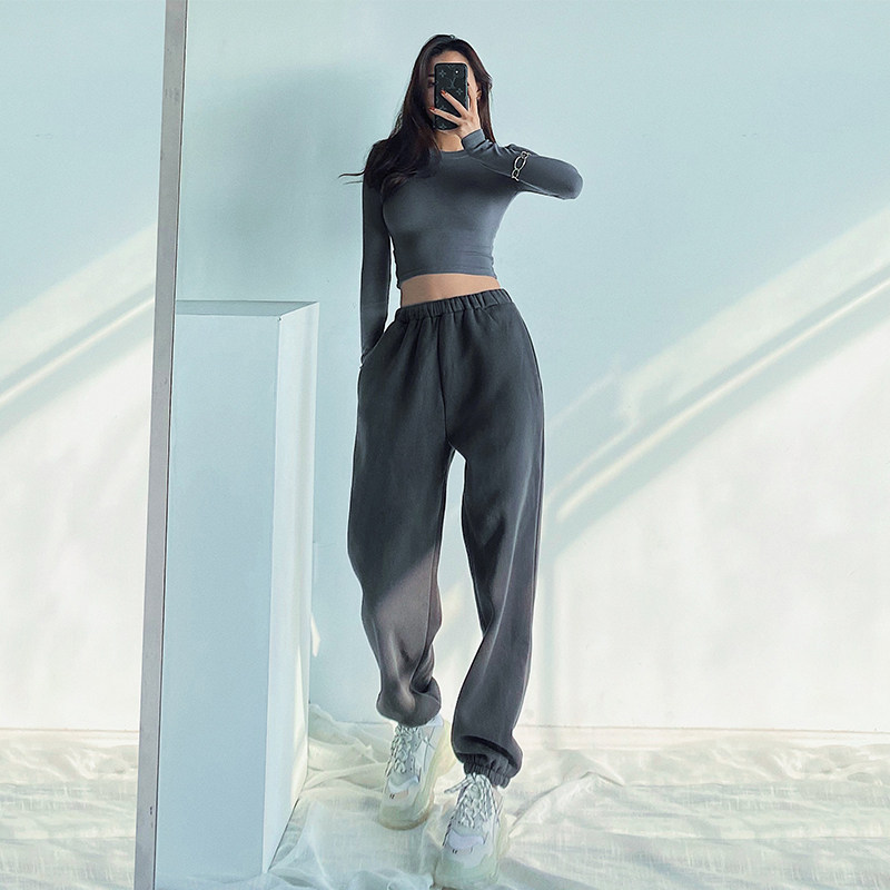 Europe and the United States ins spring and autumn new pants casual tie foot sweatpants women loose high waist jazz dark gray guard pants