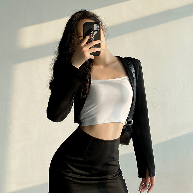 European and American style temperament all-match ultra-short small jacket women's spring and autumn ins high waist short waistcoat slim fit small suit