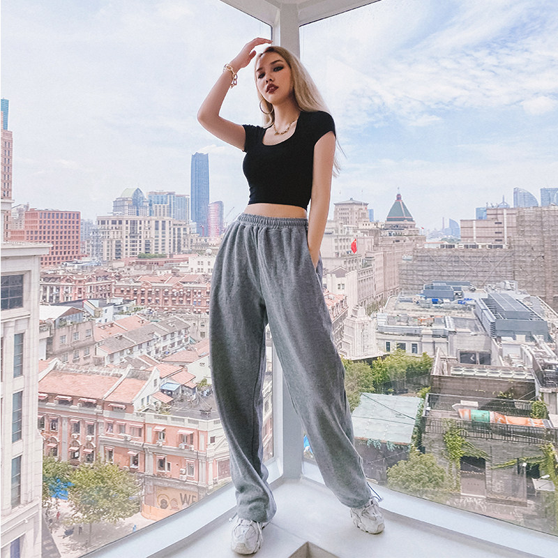 European and American ins grey sports pants female high waist loose straight drum pants jazz street dance casual bungling pants Chaoty pants