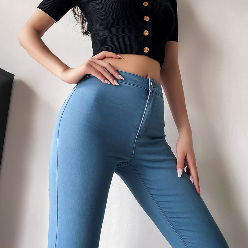 High - waist elastic fix slim jeans woman summer tight buttock peach buttock pipe pants 2021 new pants