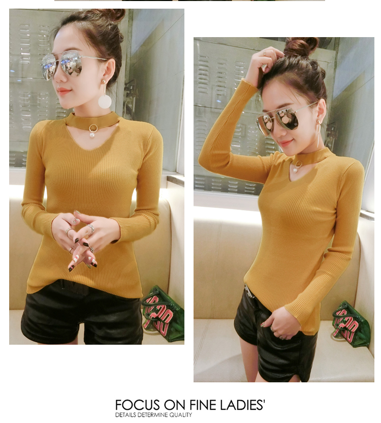 Thu đông 2018 áo len mới tay dài chạm đáy áo len nữ bó sát treo cổ áo len cộng với áo nhung dày áo gile len