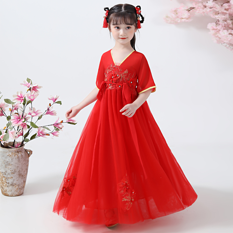 Hanfu Girls ' costume Super Fairy Children's Chinese style Children's clothing Performance costume Little girl veil dress Ancient summer dress