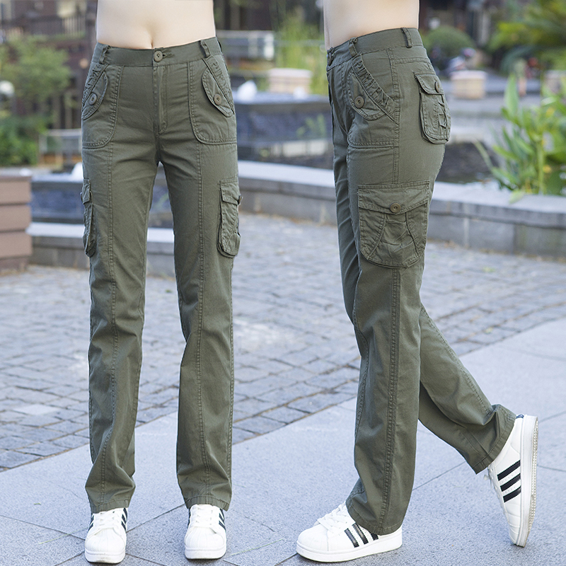 Work Pants for Spring and Summer, Multi-Pocket, Pure Cotton, Loose Fit, High-Waisted, Slimming, Camouflage, Straight-Leg, Army Green, Narrow Version, Women's Casual Pants