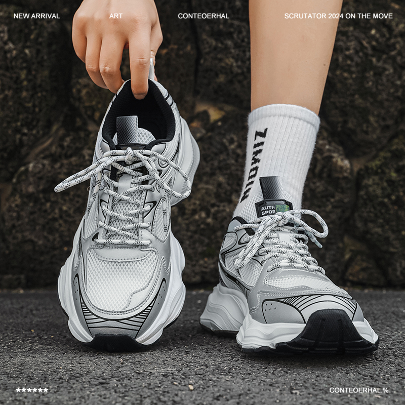 Trendy Dad Sneakers for Men with Thick Soles, Height-Increasing, Spring Silver Hiking Sneakers, Mesh Retro Running Shoes Trendy Dad Sneakers for Men with Thick Soles, Height-Increasing, Spring Silver Hiking Sneakers, Mesh Retro Running Shoes