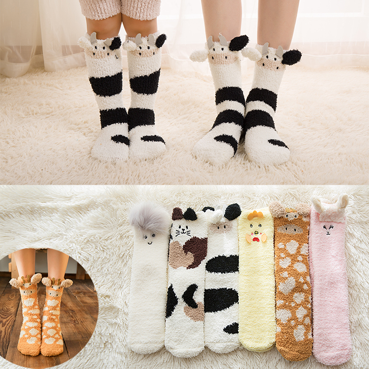 Coral Fleece Giraffe Parent-Child Heelless Floor Socks for Women, Thickened and Warm Mid-Calf Cartoon Children's Long Socks