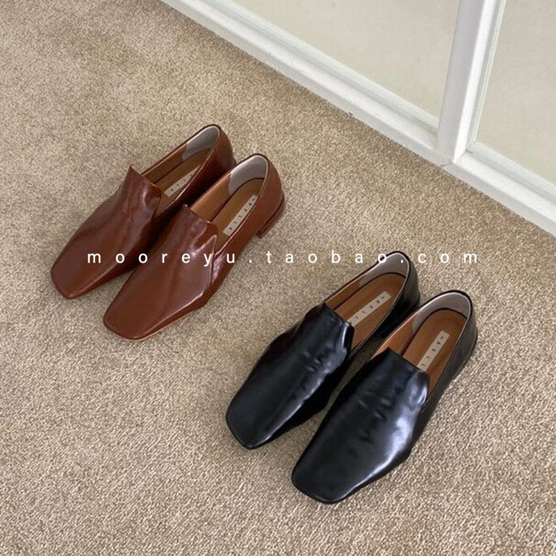 South Korea's Dongdaemun 2022 spring and autumn new square-toe flat-bottomed grandma shoes women's ins soft leather retro single shoes tide