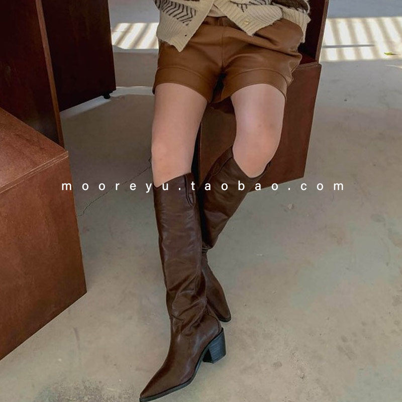 South Korea Dongdaemun women's shoes vintage western boots autumn solid color chunky heel pointed toe boots female versatile