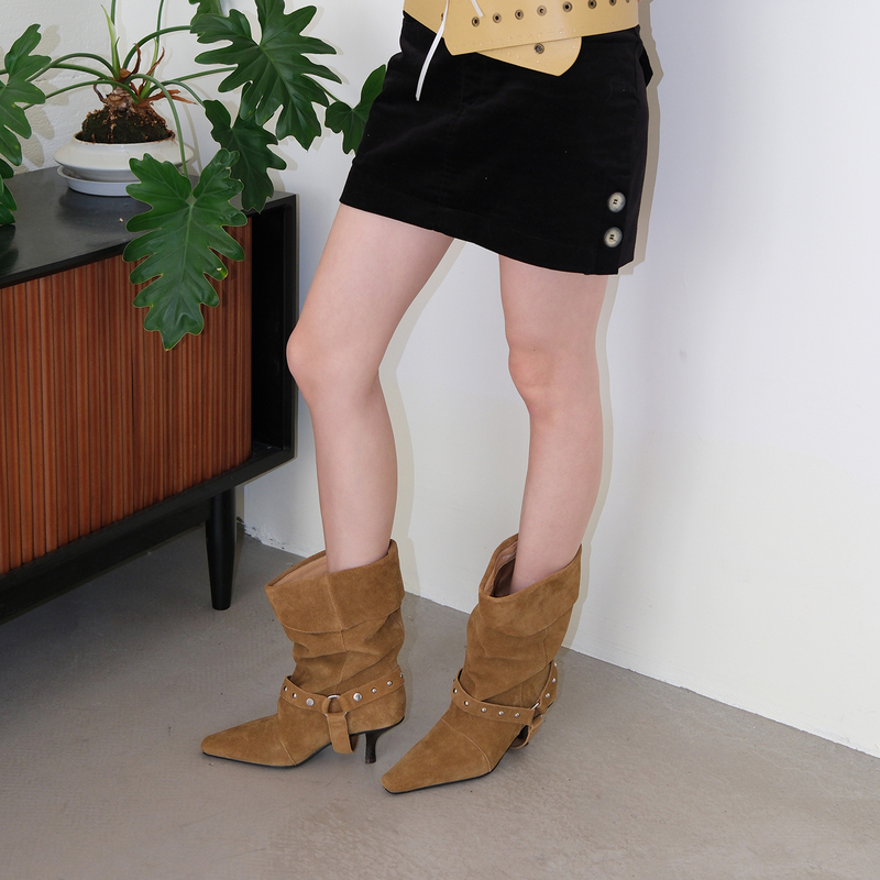 Mooreyu Pointed-Toe High-Heeled Short Boots for Women, New Spring/Summer Handmade Vintage Camel-Colored Slouchy Riding Western Boots Mooreyu Pointed-Toe High-Heeled Short Boots for Women, New Spring/Summer Handmade Vintage Camel-Colored Slouchy Riding Western Boots