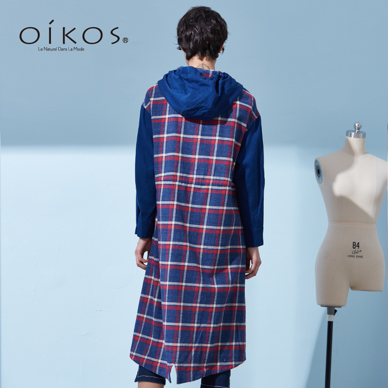 OIKOS mùa xuân bông sọc ca rô Loose Medium-Length thời trang đội mũ trùm đầu Trench gái