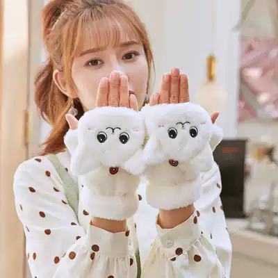 Gloves winter women plus velvet warm thickened cold-proof flip cat cute student Girl season winter cycling writing