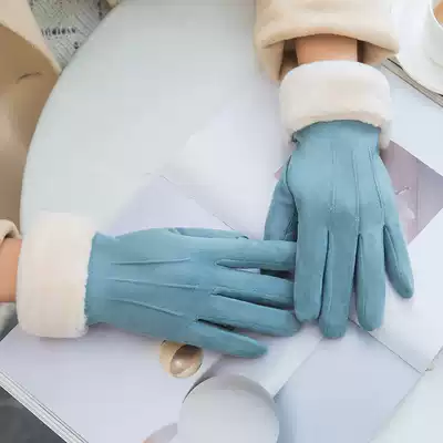 Suede gloves, women's autumn and winter touch screen, warm and sweet students, thick winter riding, driving cold