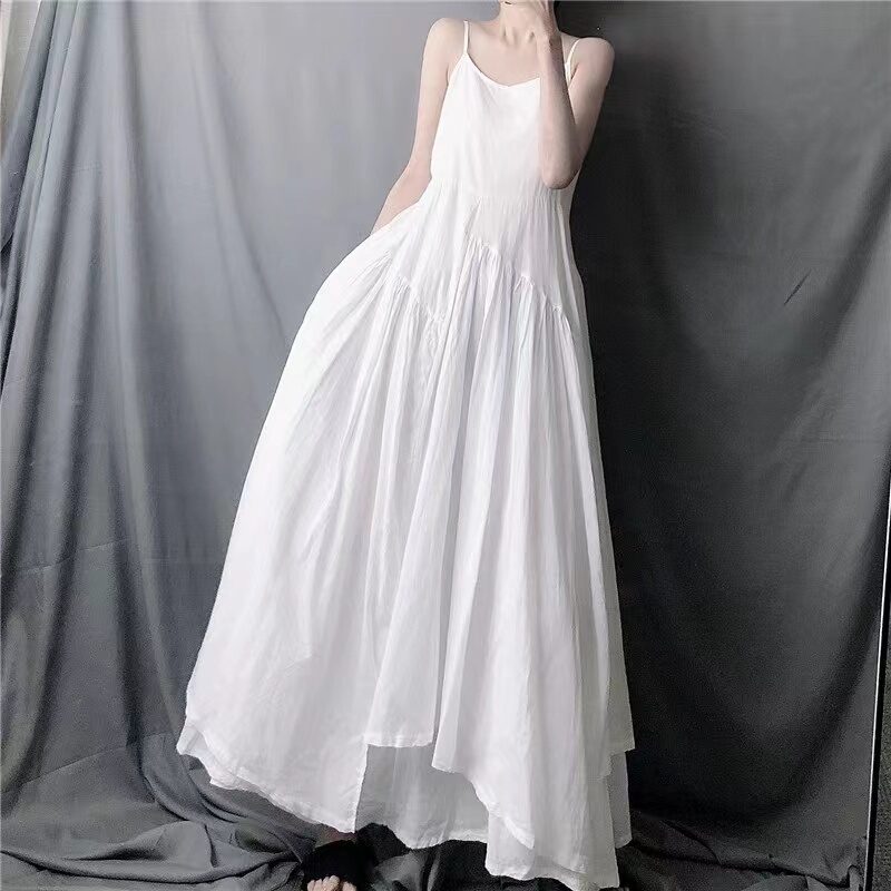 White Spaghetti Strap Dress for Women, Summer Outerwear, Loose Fit, A-Line Long Dress, High-End Irregular Cotton and Linen Dress
