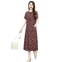 High-end cotton and linen dress womens long skirt 2024 summer new style mommy style floral skirt Chinese style linen skirt
