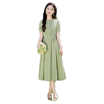 Literary green cotton and linen short-sleeved dress for women 2024 summer new style lace-up waist temperament age-reducing over-the-knee long skirt