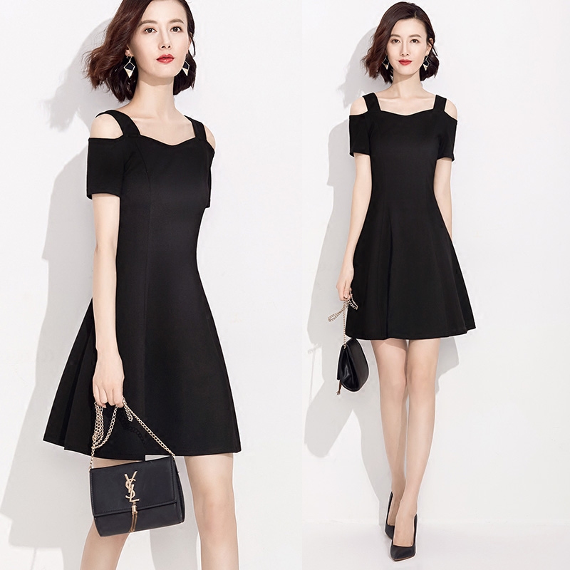 Summer Dress, Black New Style Suspender Dress, Off-Shoulder, One-Shoulder, Short-Sleeved, Hepburn Style, ins Super Fairy-Like Dress with Exposed Arms Summer Dress, Black New Style Suspender Dress, Off-Shoulder, One-Shoulder, Short-Sleeved, Hepburn Style, ins Super Fairy-Like Dress with Exposed Arms