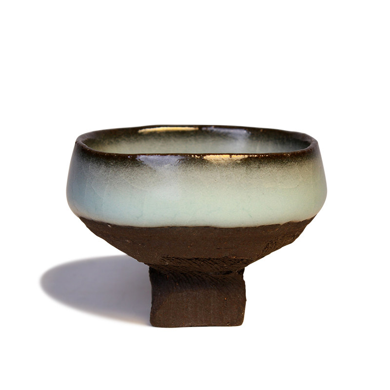 Taiwanese ceramist Ye Xuan Xun Hefang Black Tao Ziguchi Titan Green Ru Kiln Artisanal High Foot Small Round Cup Teacup Open Sheet