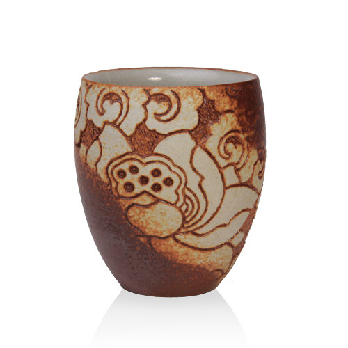 Taiwan ceramic artist Chen Mingqian ice crack glaze carved Hualien lotus root large water cup Hand-held cup opening special price