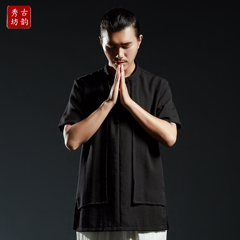 Ancient rhyming workshop Chinese style Chinese style disc buckle T-shirt men linen blouses summer short sleeve fake two don'ts