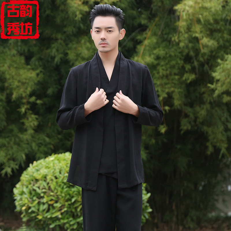 Hanfu Jacket Men's Loose Fake Two Pieces Retro China Air Duct Gown Clothes Cotton Numb Youth Tang Dress Meditation Conqueror