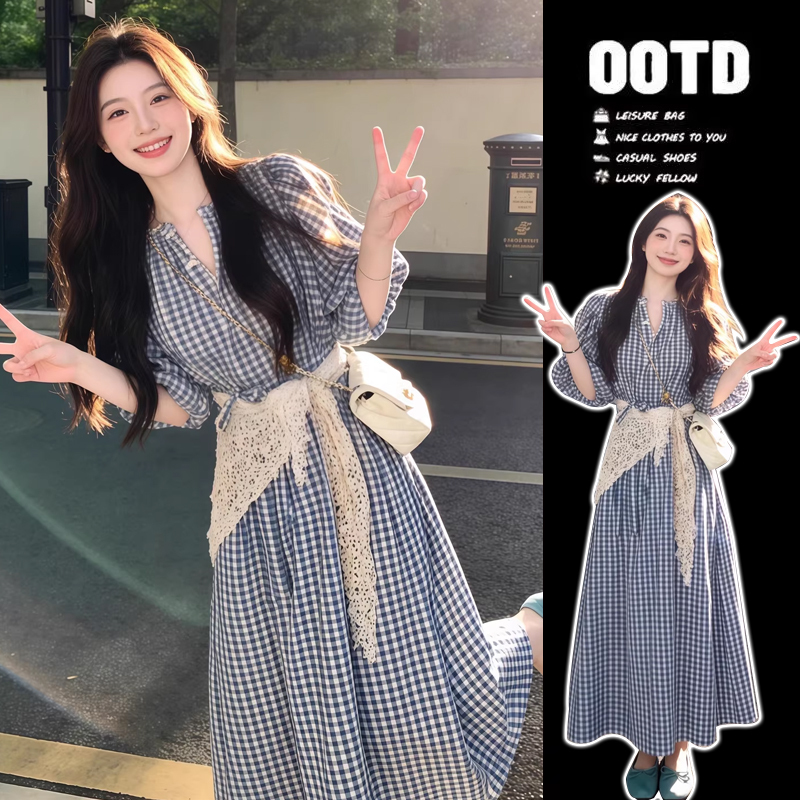 Maternity Wear Women's Summer Dress 2026 New Style Pregnancy Fashionable Short-Sleeved Plaid Shirt Long Skirt Summer Suit