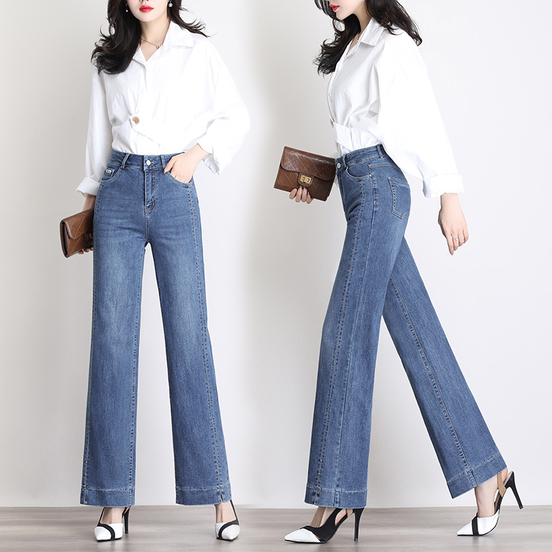 Hiện mỏng denim rộng chân quần nữ mùa xuân và mùa thu 2020 mới của Hàn Quốc phiên bản của thời trang cao cấp eo loose-fitting thẳng quần giản dị mùa hè