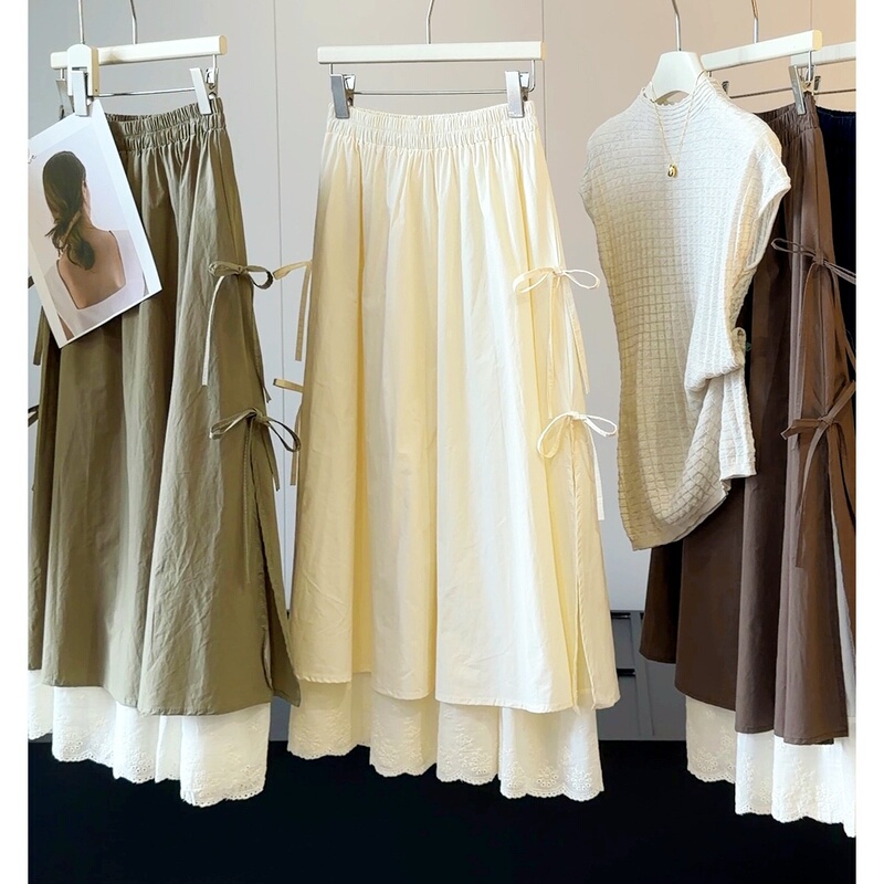 Early Autumn New French-Style Faux Two-Piece Lace Patchwork Bow-Tie High-Waisted A-Line Flared Skirt for Women